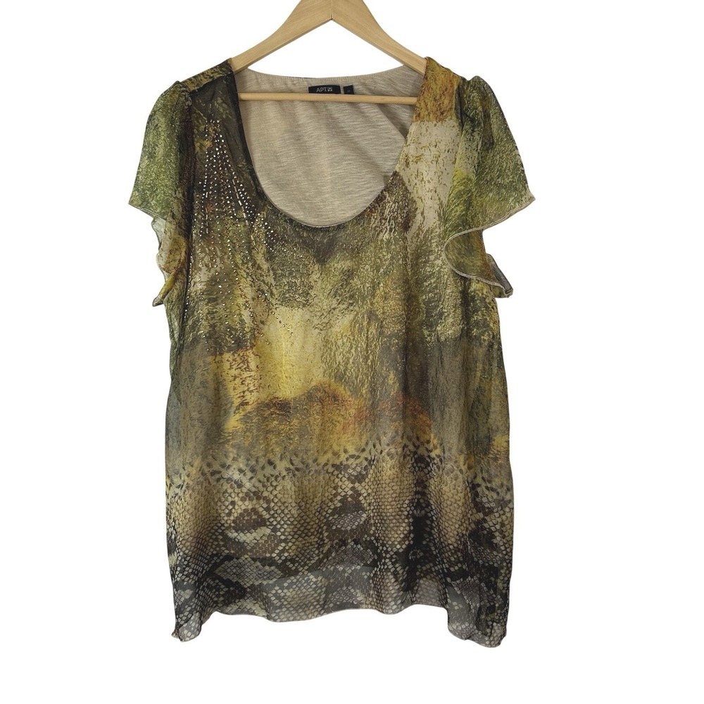 APT 9 Animal Print Blouse Womens 3X Green Yellow Flutter Cap Sleeve Embellished